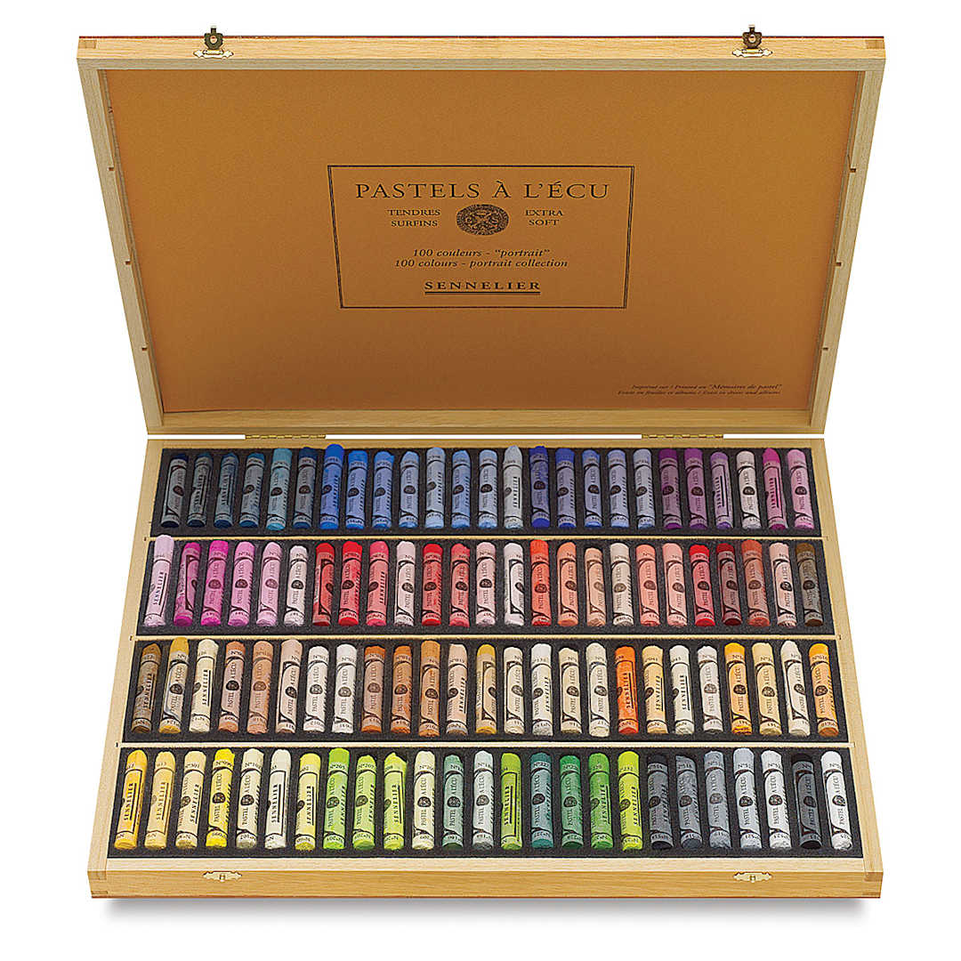 Open in modal - Sennelier Soft Pastels - Set of 100, Portrait Colors, Wood Box (box open showing pastels)