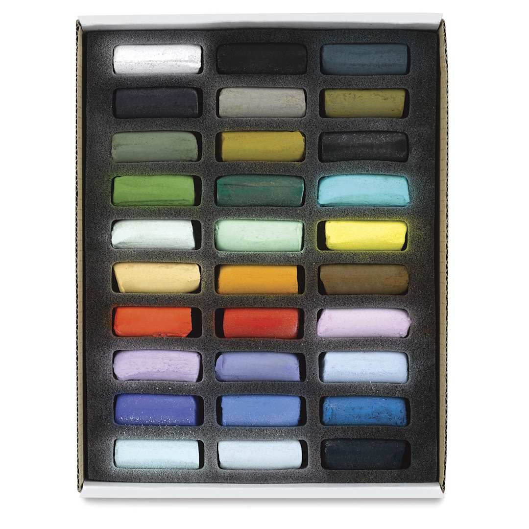 Open in modal - Sennelier Soft Pastels -  Set of 30, Seaside Colors, Half Sticks (box open to show set contents)