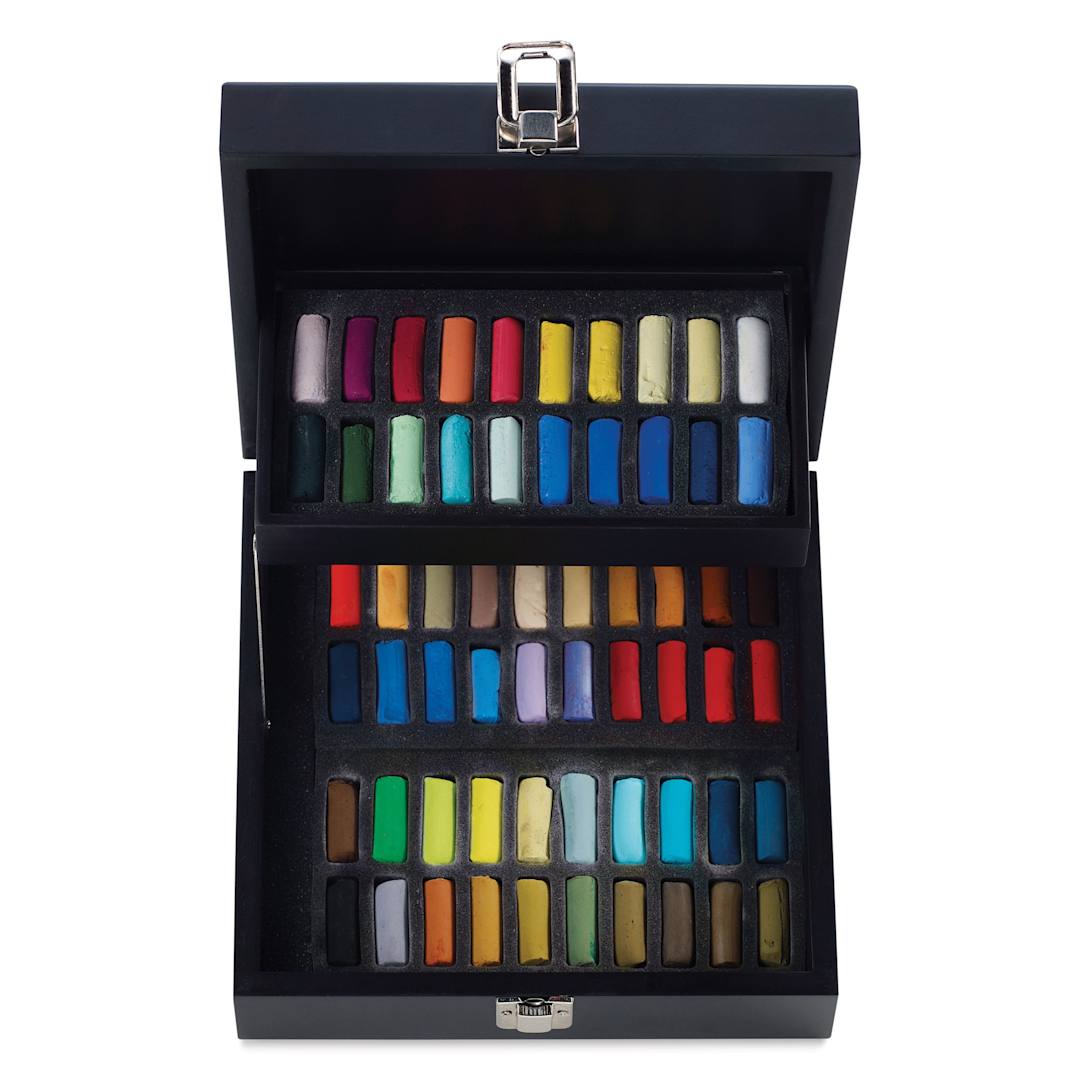 Open in modal - Sennelier Soft Pastels - Set of 60, Assorted Colors, Half-Sticks, Black Wood Box, pastels shown