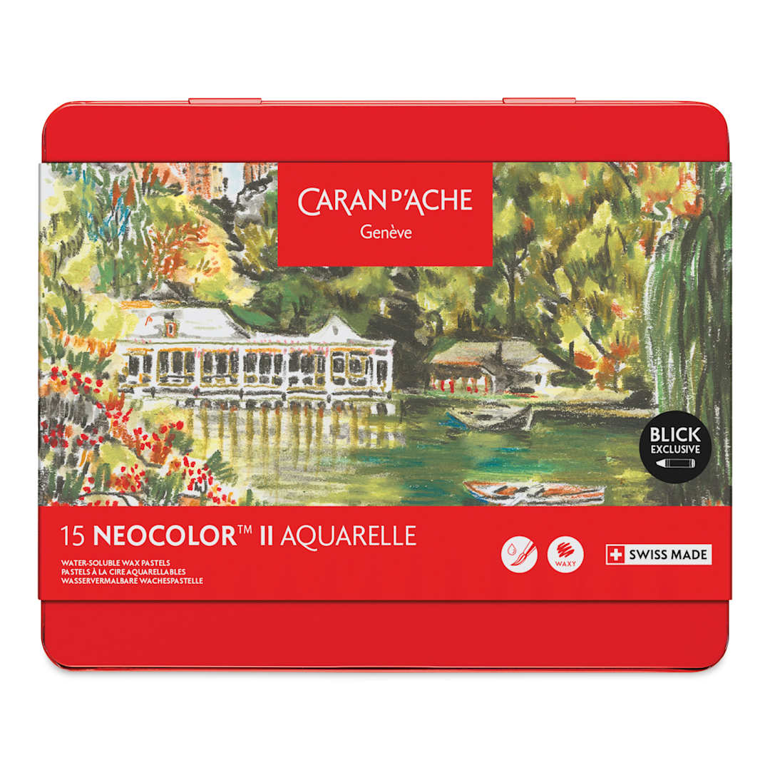 Open in modal - Caran d'Ache Neocolor II Aquarelle Artists' Pastels - Blick Exclusive! Set of 15, Botanical and Earth Tones, front of packaging