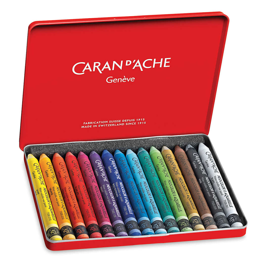 Open in modal - Caran d'Ache Neocolor II Aquarelle Artists' Pastel Set - Assorted Colors, Set of 15. Package open.