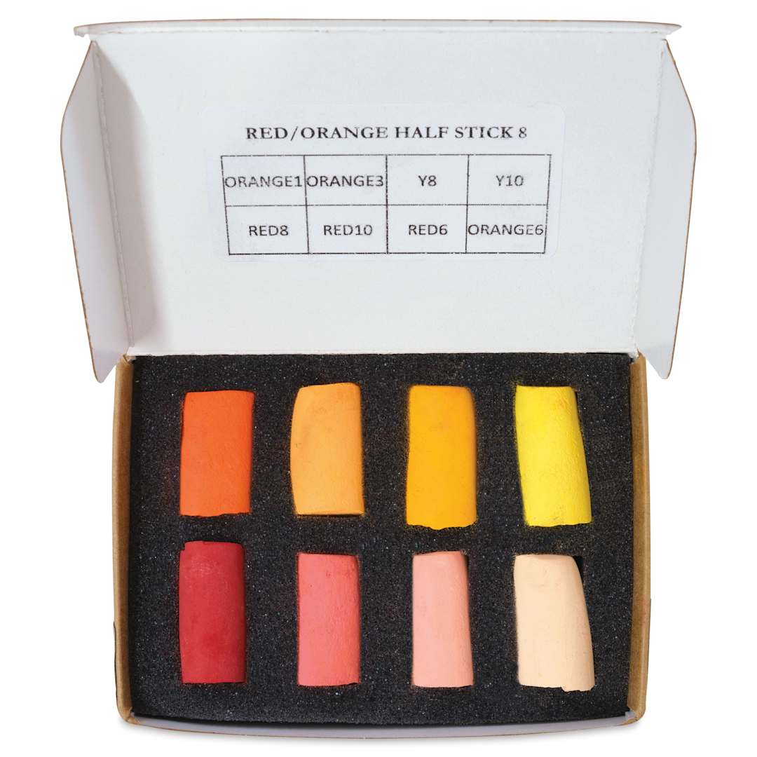 Open in modal - Unison Handmade Pastel Set - Red-Orange Colors, Set of 8, Half Stick (top-view of contents)
