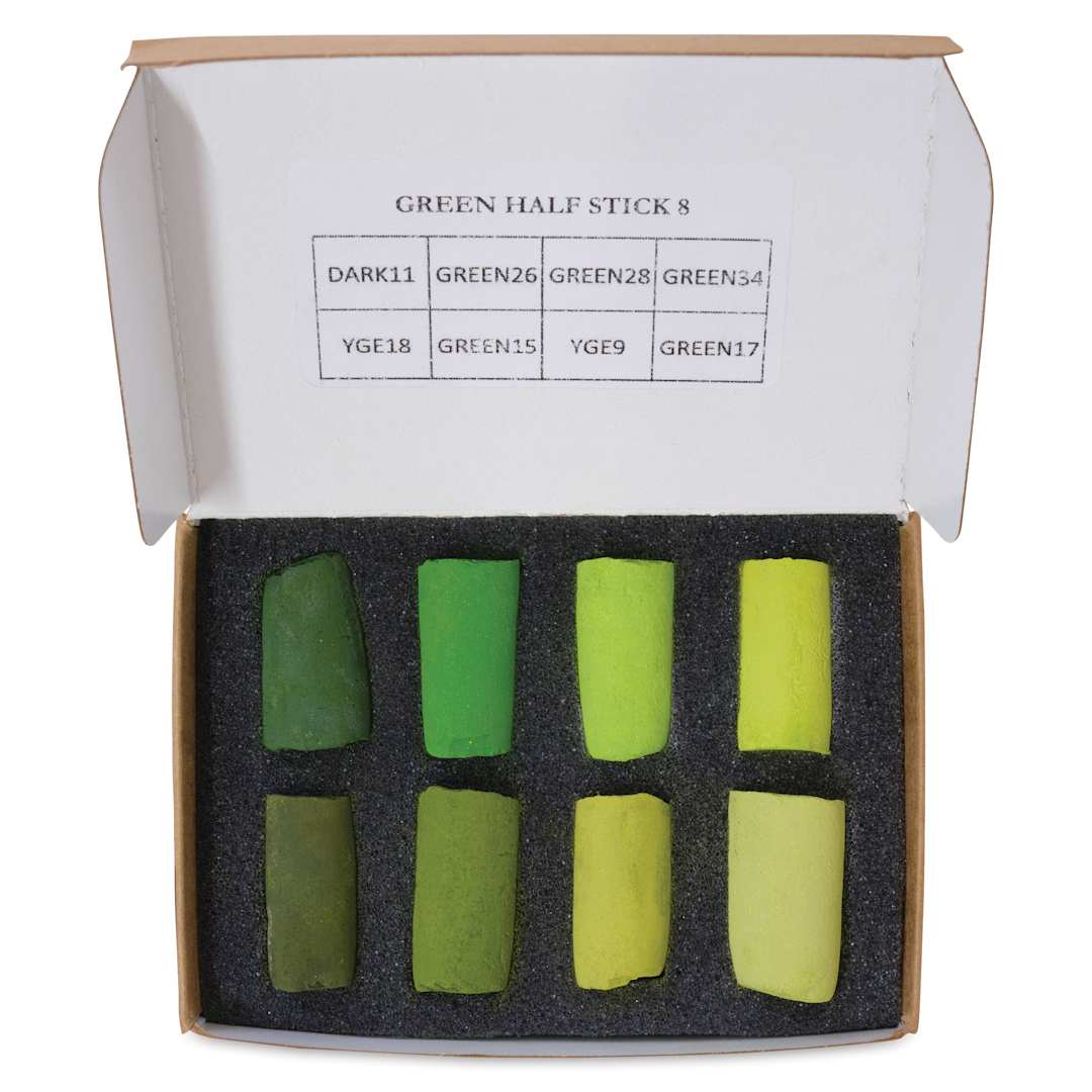 Open in modal - Unison Handmade Pastel Set - Green Colors, Set of 8, Half Stick (top-view of contents)