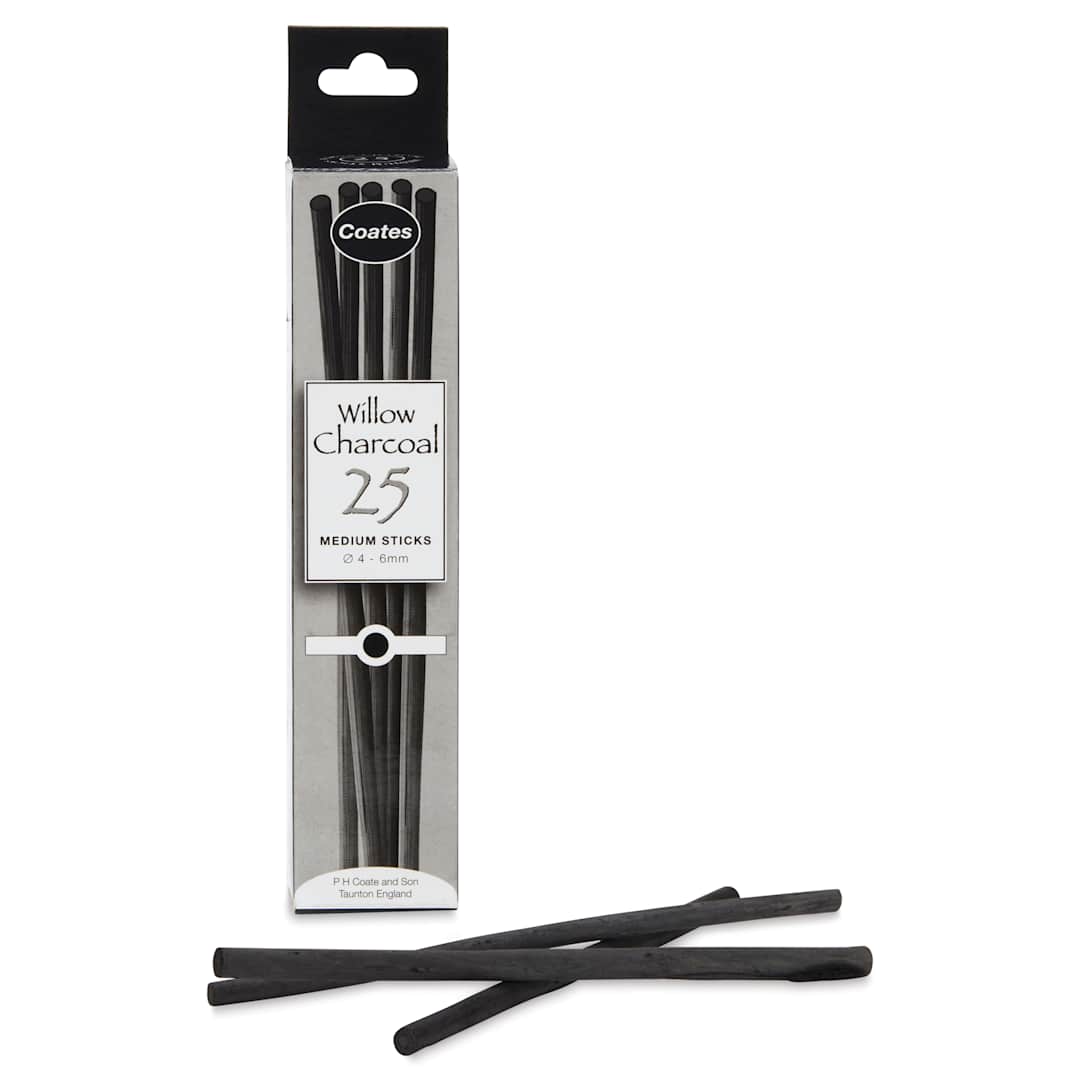 Open in modal - Coates Premium Artist's Willow Charcoal - Medium, Box of 25, charcoal with packaging