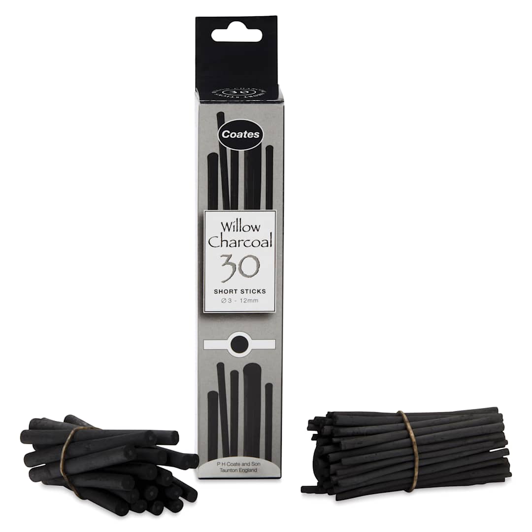 Open in modal - Coates Premium Artist's Willow Charcoal - Assorted, Box of 30, contents with packaging