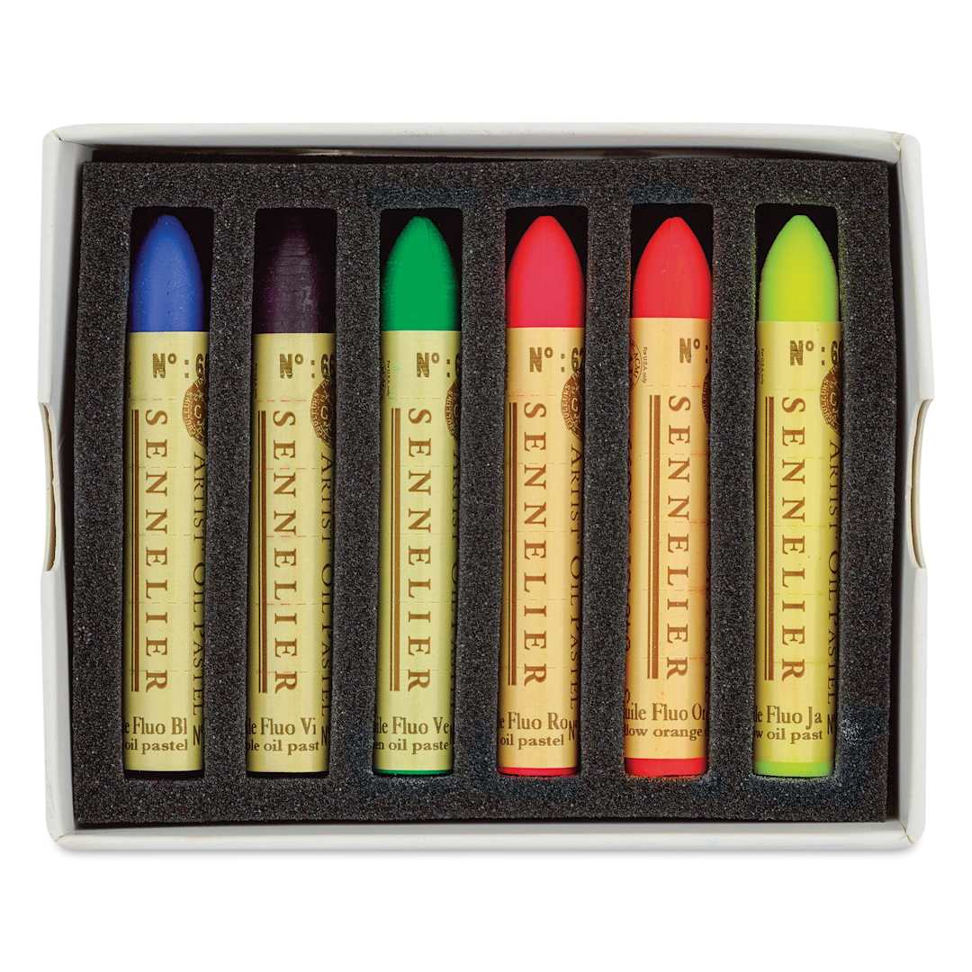 Open in modal - Sennelier Oil Pastels - Fluorescent Colors, Set of 6, pastels shown inside the packaging