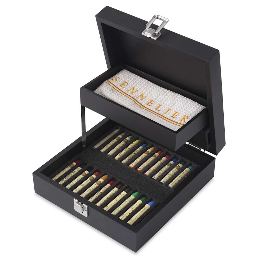 Open in modal - Sennelier Oil Pastels - Wood Box Set of 24, open showing contents inside