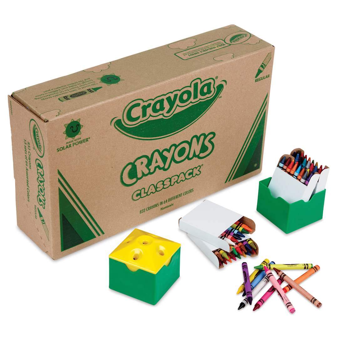 Open in modal - Crayola Crayons - Classpack, Pkg of 832, 64 Colors, sharpener and crayons laid out in front of the box