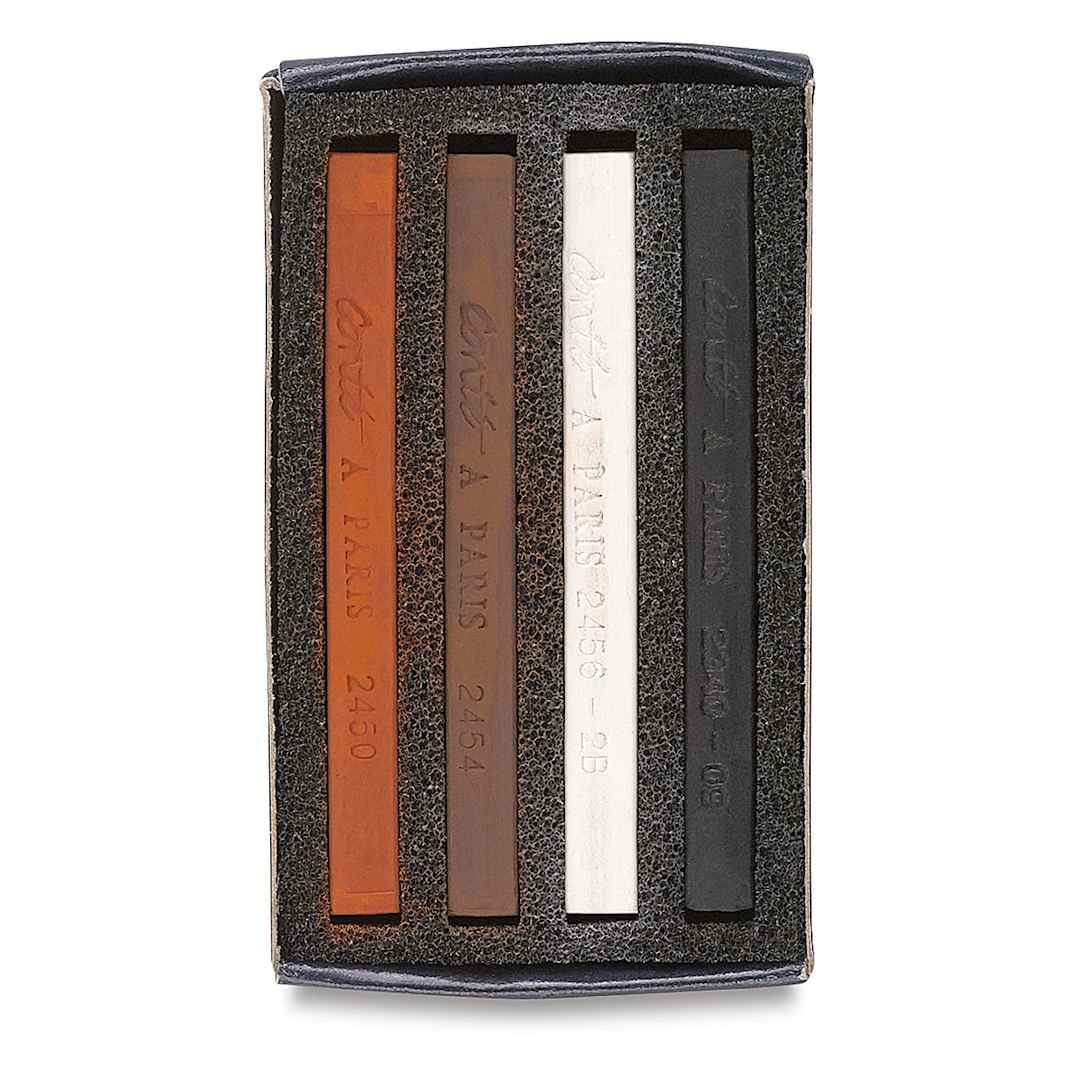 Open in modal - Conté à Paris Sketching Pastel Carrés Matchbox Box of 4, Assorted Sketching Colors. Inside package.