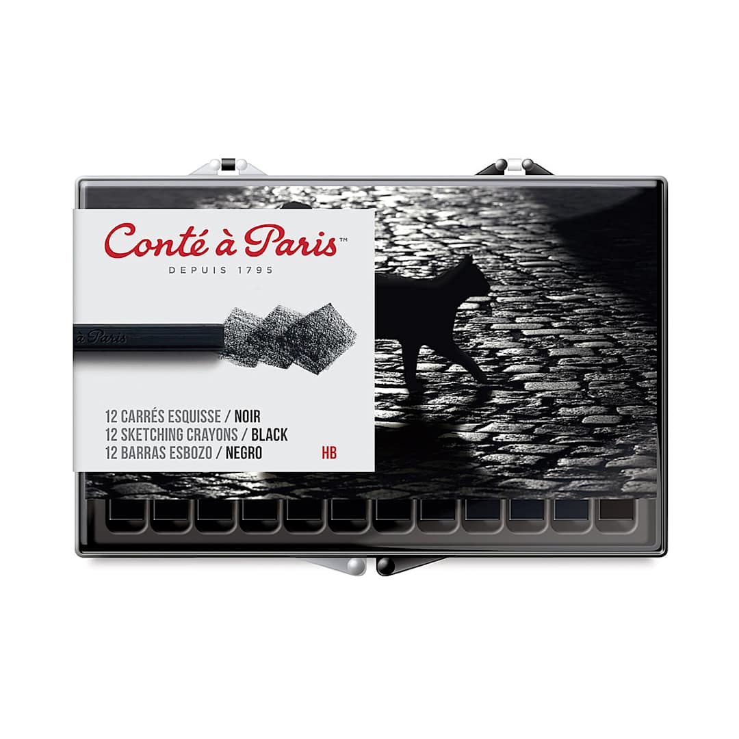 Open in modal - Conté à Paris Sketching Pastel Carrés - Pierre Noire, HB, Pkg of 12, contents