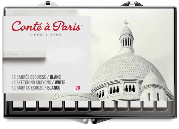 Open in modal - Conté à Paris Sketching Pastel Carrés, Box of 12, White, 2B. In package  