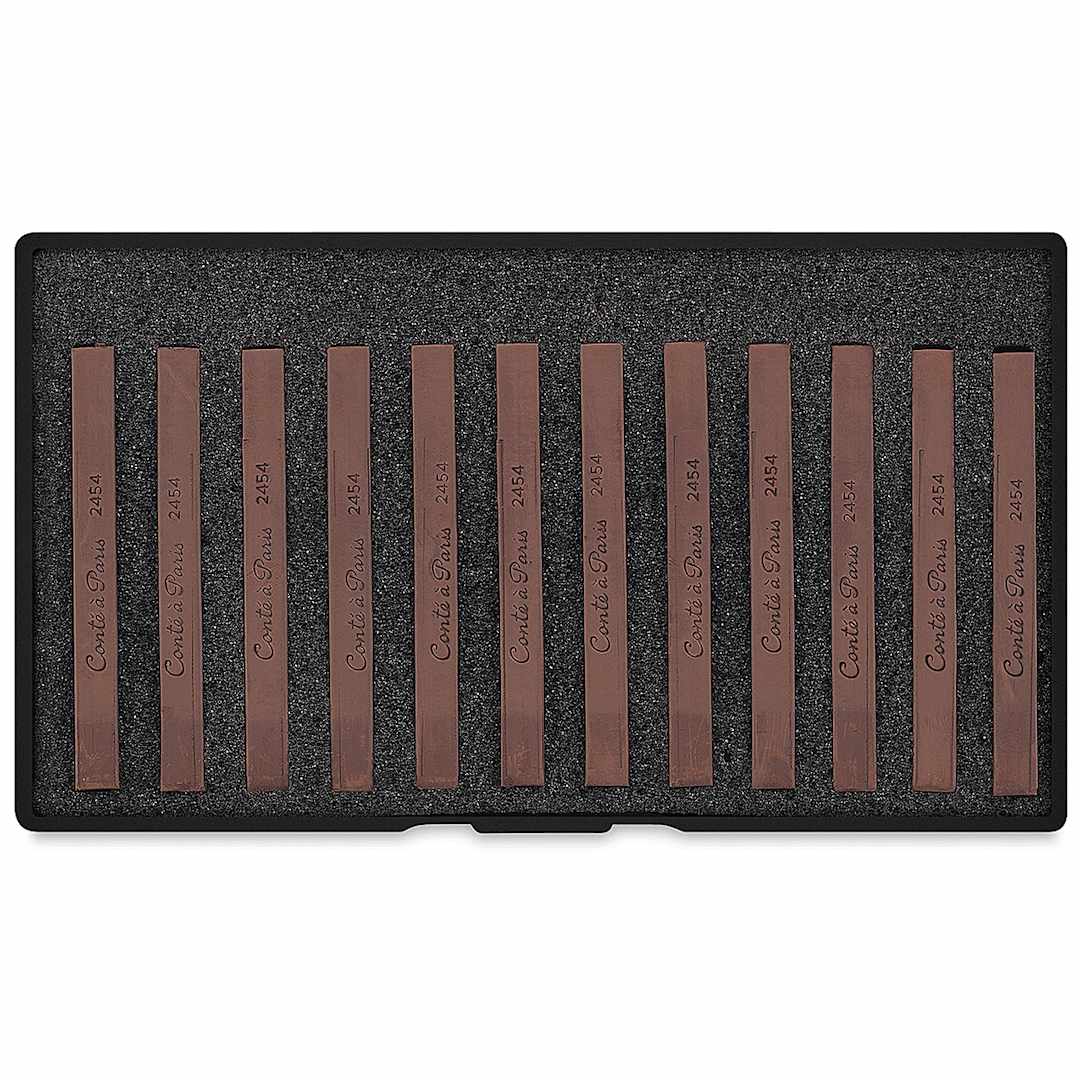 Open in modal - Conté à Paris Sketching Pastel Carrés - Bistre, Box of 12. Inside of package