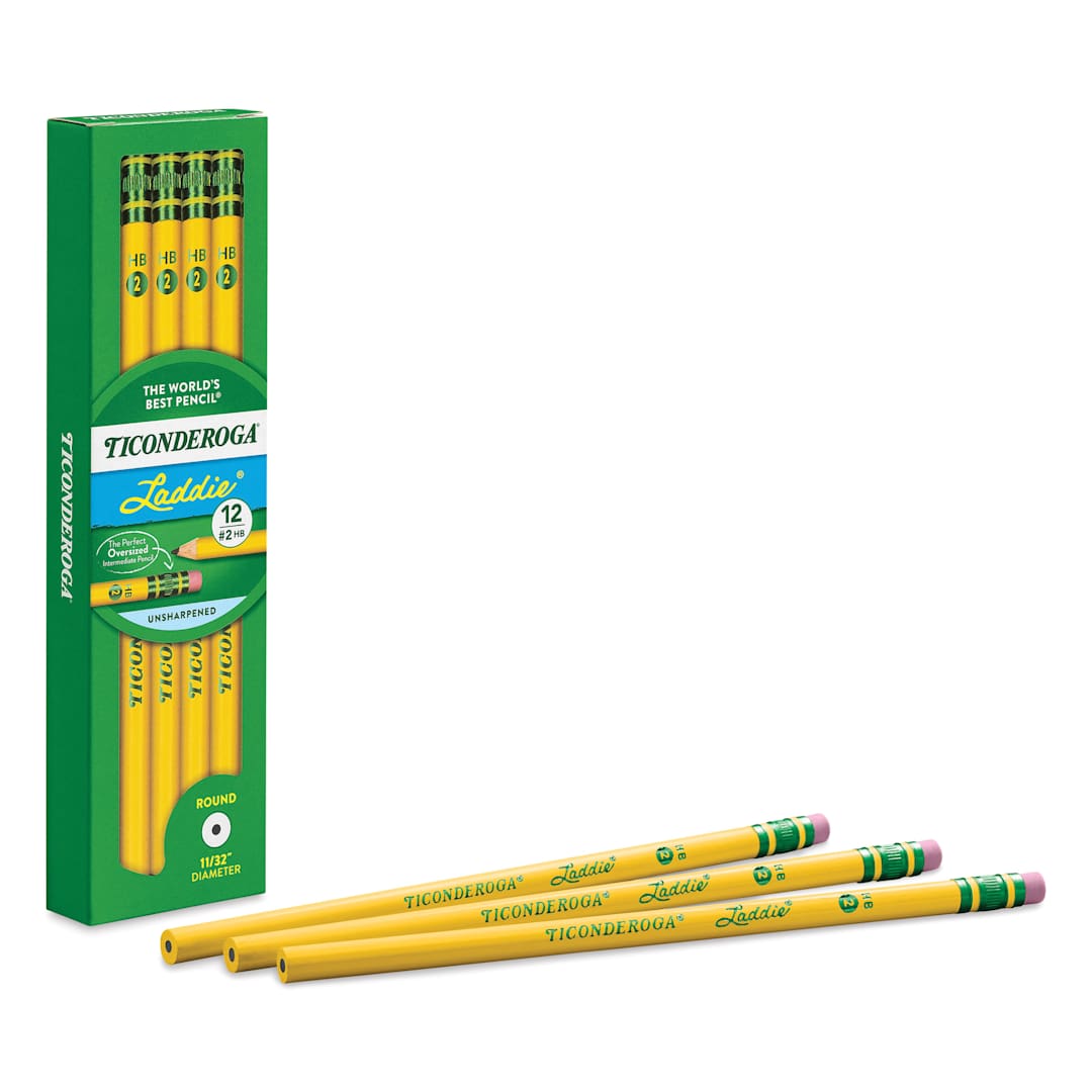 Open in modal - Dixon Ticonderoga Laddie No. 2 Pencil -  Box of 12, three pencils in front of the box