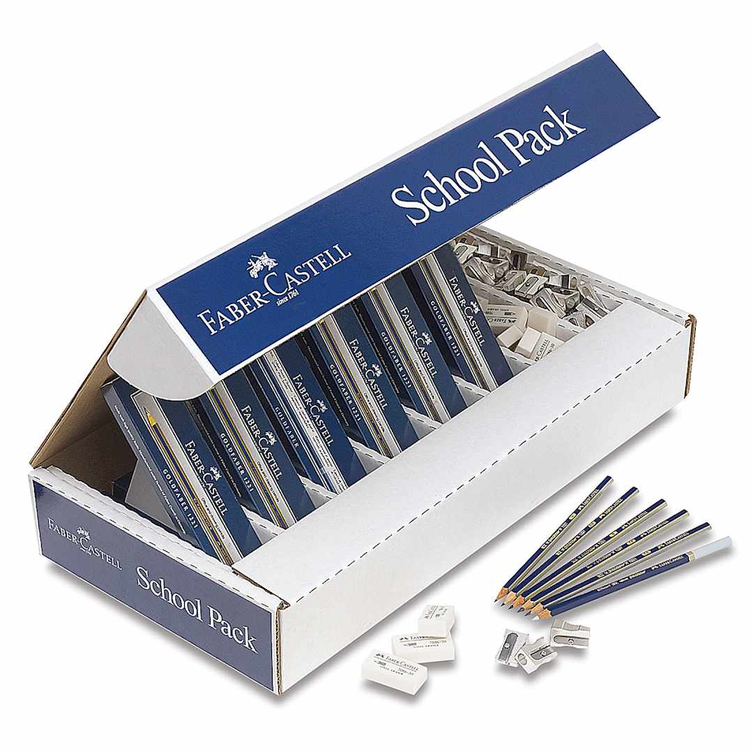 Open in modal - Faber-Castell Goldfaber Sketching Pencils School Pack of 144. Package open.