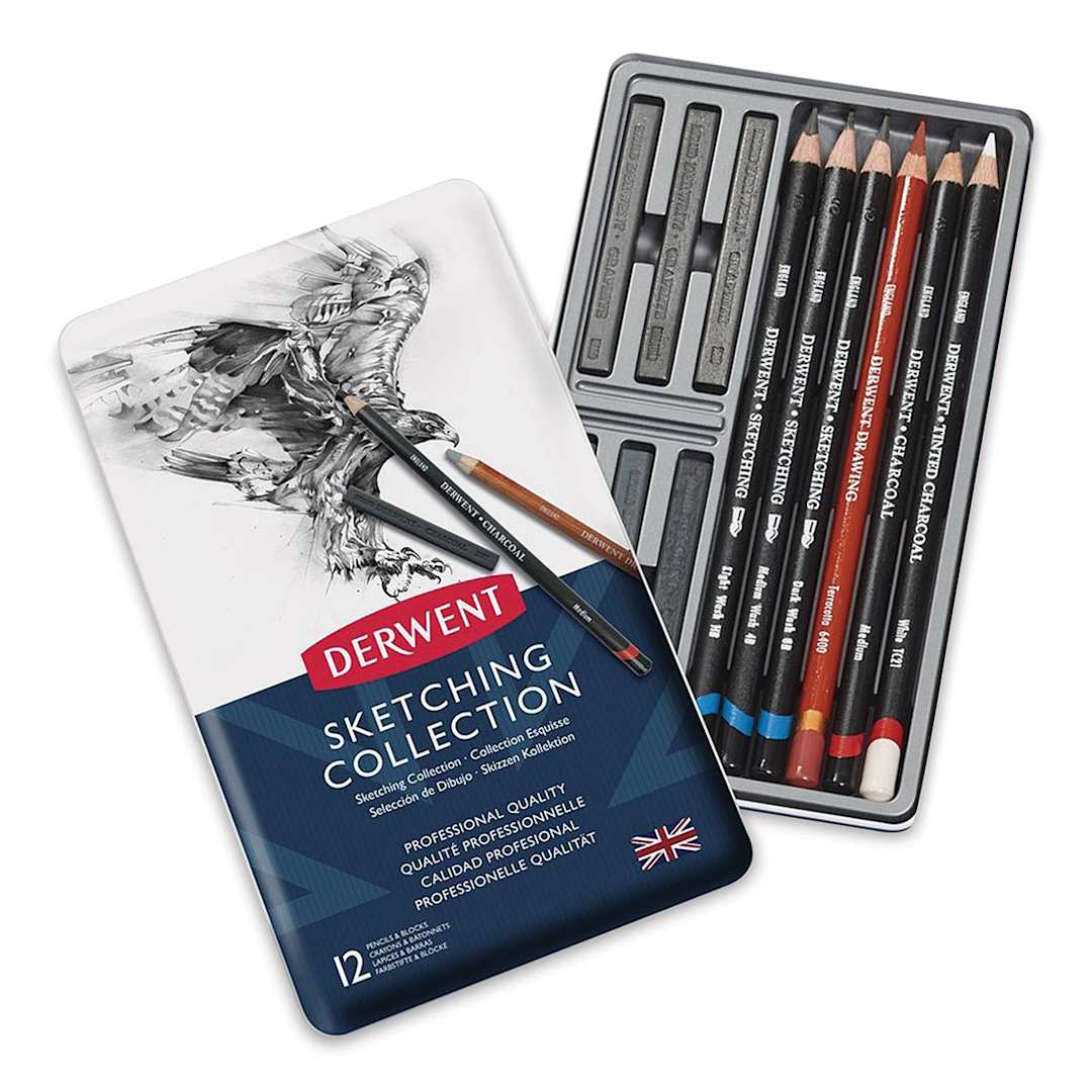 Open in modal - Derwent Sketching Collection - Set of 12 shown open in tray with lid adjacent