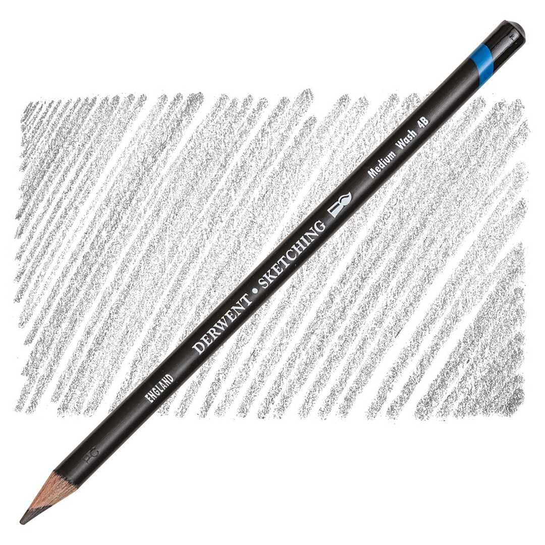 Open in modal - Derwent Water Soluble Sketching Pencil - 4B (Medium Wash) pencil and swatch
