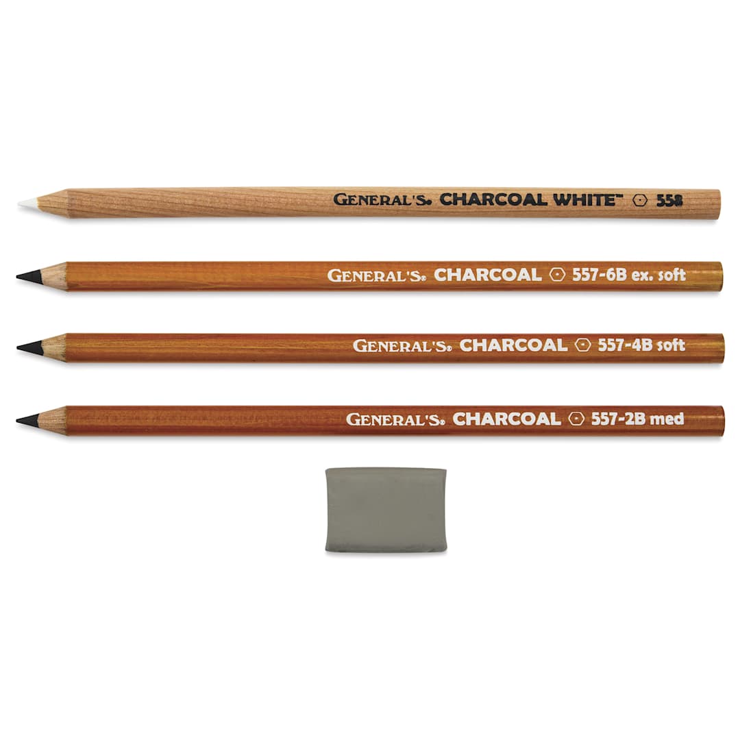 Open in modal - General's Charcoal Pencils - Kit of 5. contents laid out