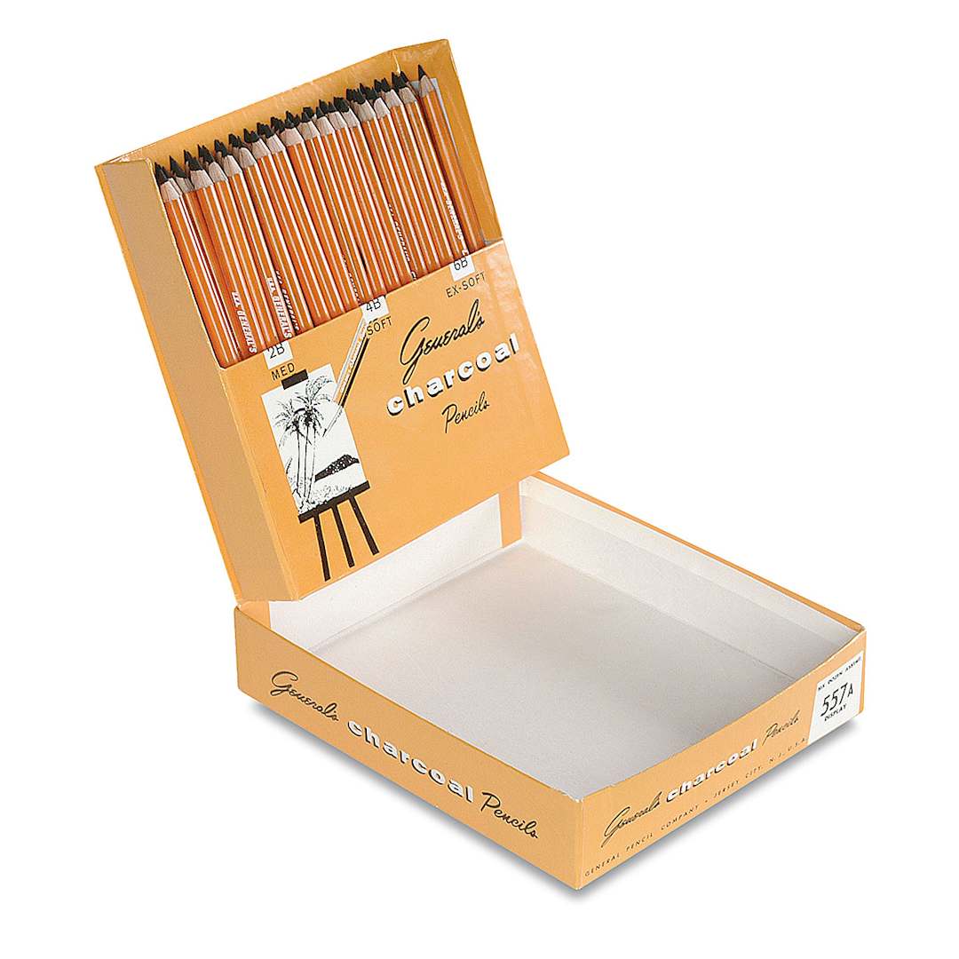 Open in modal - General's Charcoal Pencils - Classroom Assortment, Set of 72, front corner angle of open box.