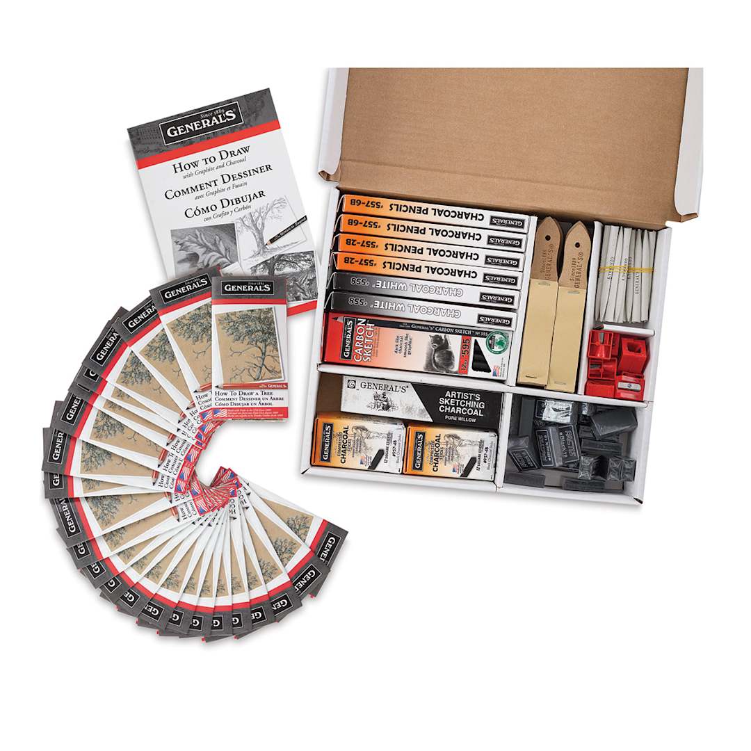 Open in modal - General’s Charcoal Classroom Art Pack, open box of six tool compartments, guides in front.