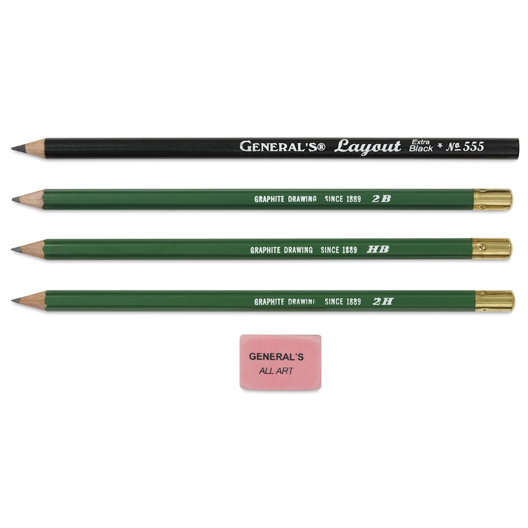 Open in modal - General's Kimberly Graphite Pencils Set - Art Pencil Kit, Pkg of 5, contents laid out