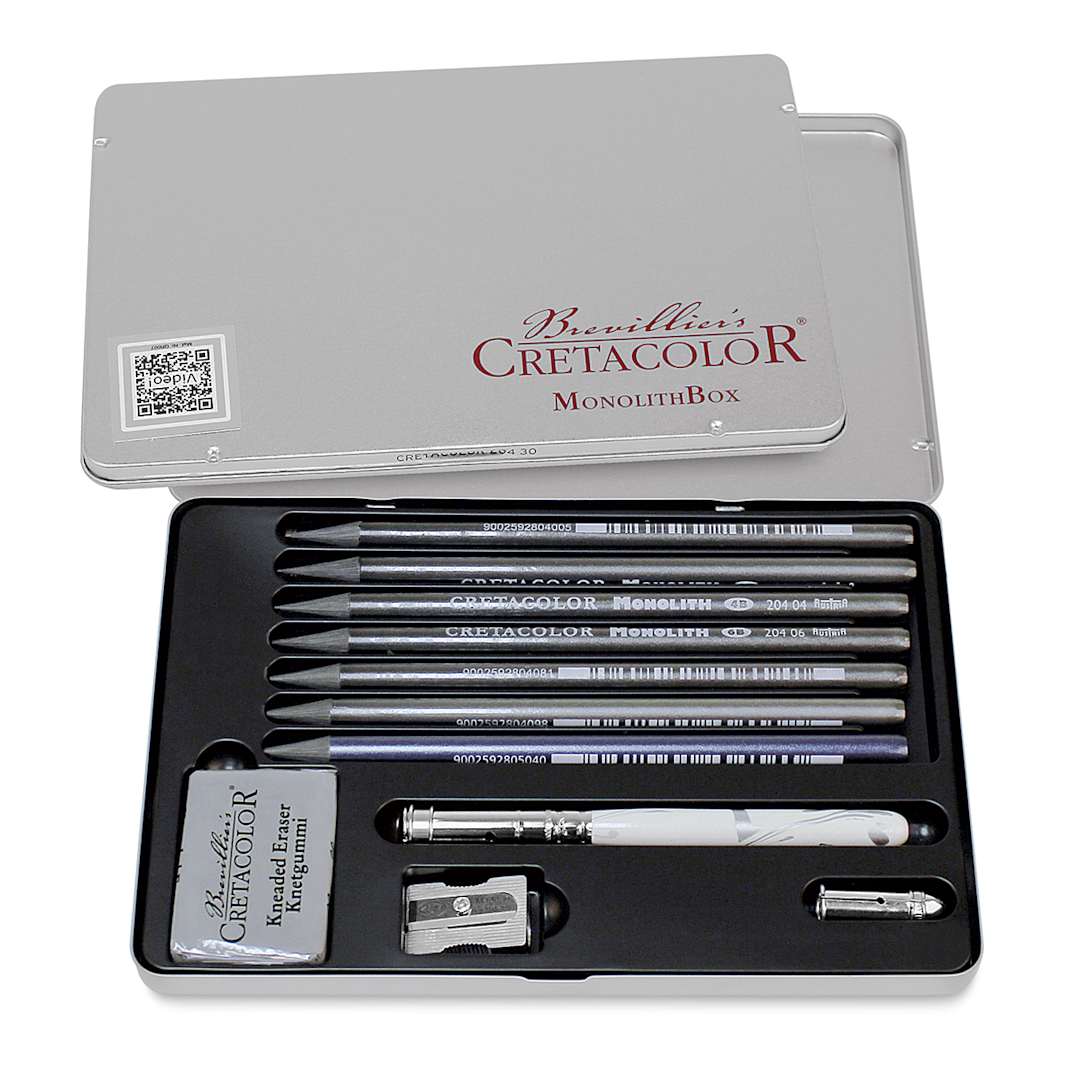 Open in modal - 
Cretacolor Monolith Woodless Pencils -Front view of open Package showing components of 10 pc set