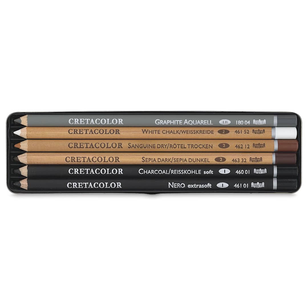 Open in modal - Cretacolor Basic Drawing Sets - Components of Set of 6 shown open in storage tray