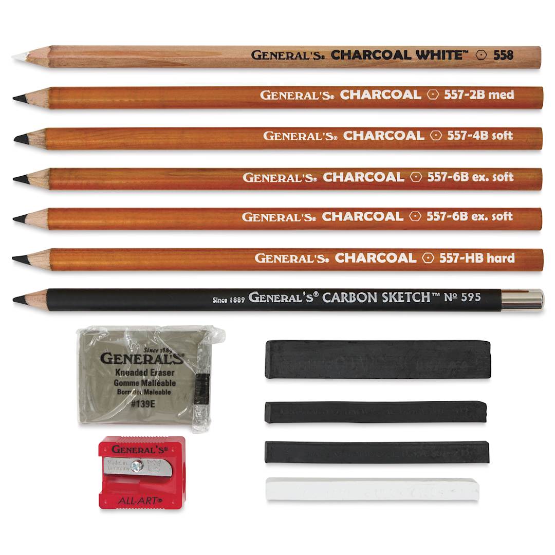 Open in modal - General's Charcoal Pencil Drawing Kit No. 15, contents laid out