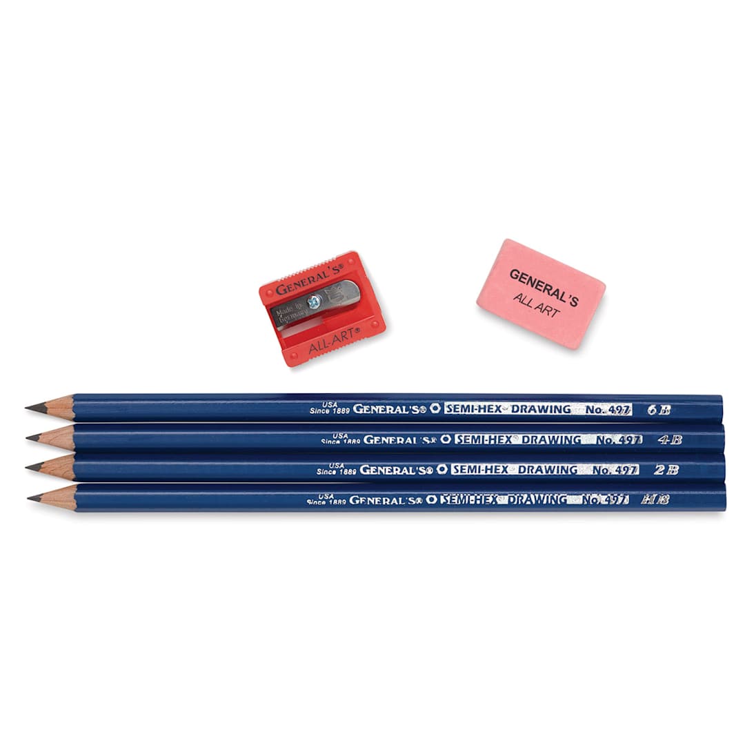 Open in modal - General's Semi-Hex Drawing Pencil Set - Components of set shown - 4 Pencils, eraser, and sharpener.