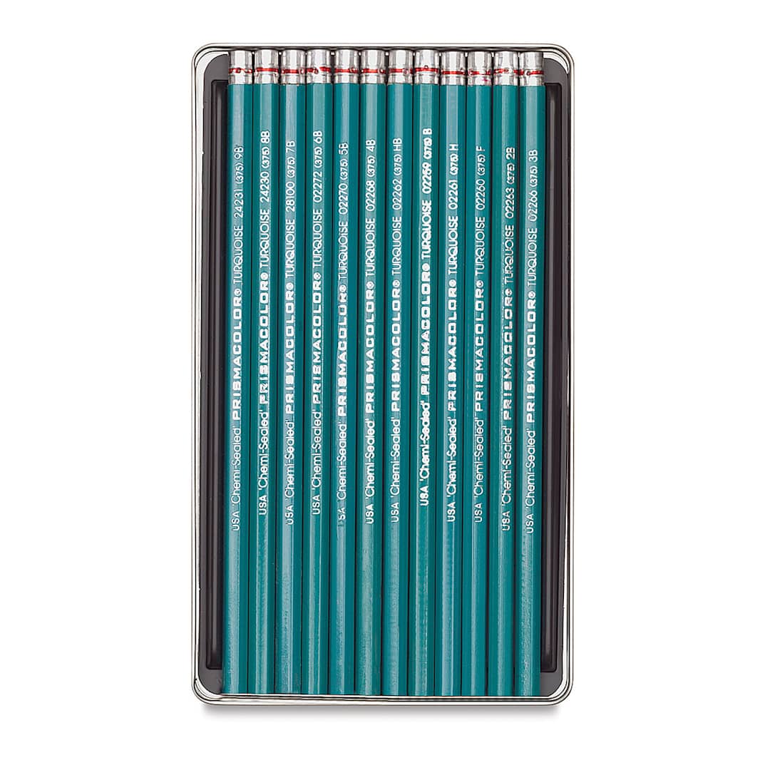Open in modal - Prismacolor Turquoise Pencil Set - Open tin of Art Set of 12 Pencils 