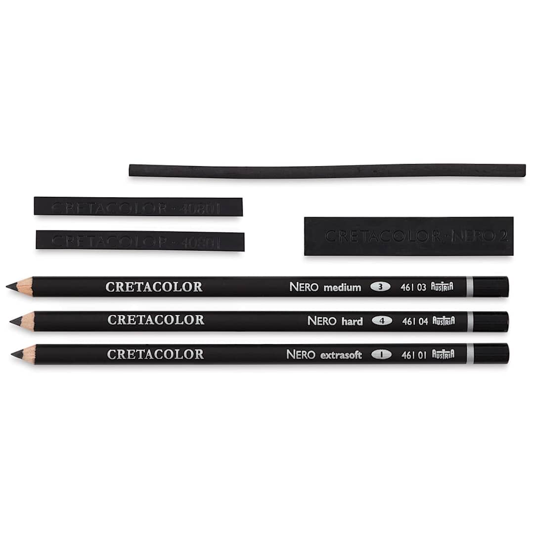 Open in modal - Cretacolor Nero Deep Black Pencils and Set - 7 pieces of Pencils and charcoal shown horizontally
