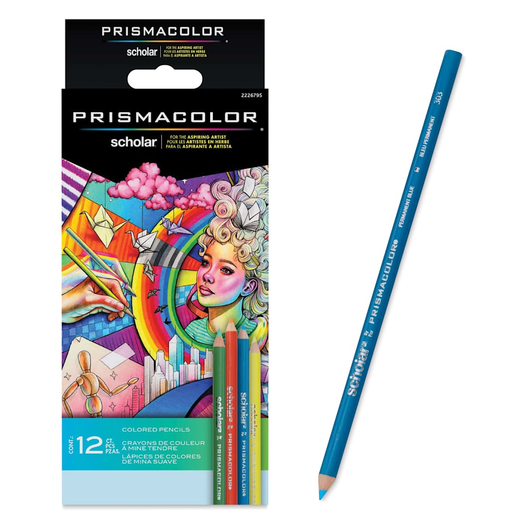 Open in modal - Prismacolor Scholar Colored Pencils - Set of 12, Assorted Colors, front of packaging with Permanent Blue pencil