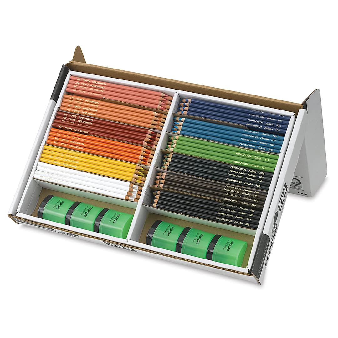 Open in modal - Prismacolor Scholar Colored Pencils - Set of 288, Classroom Pack, Assorted Colors, opened box showing contents