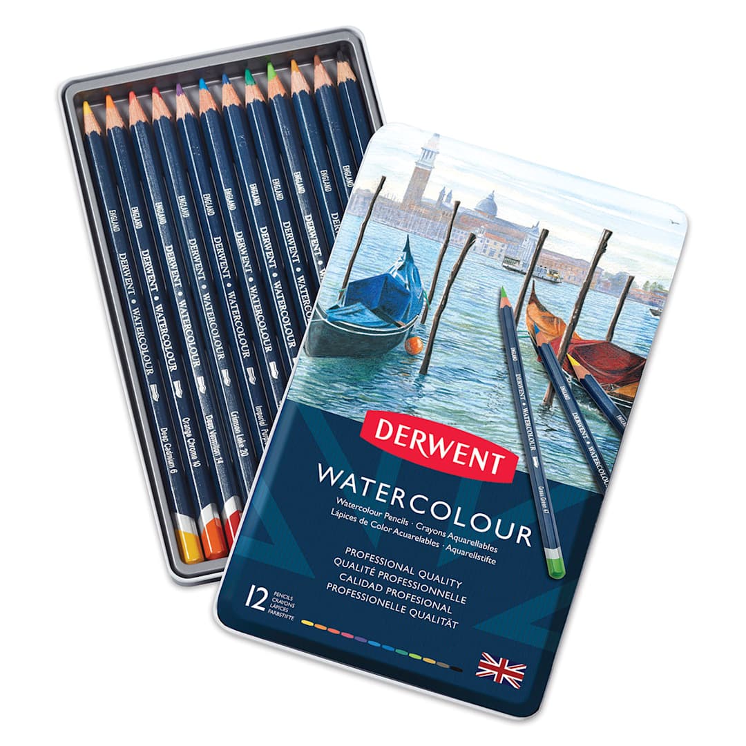 Open in modal - Derwent Watercolor Pencil Set - Assorted Colors, Tin Box, Set of 12. Inside of package.
