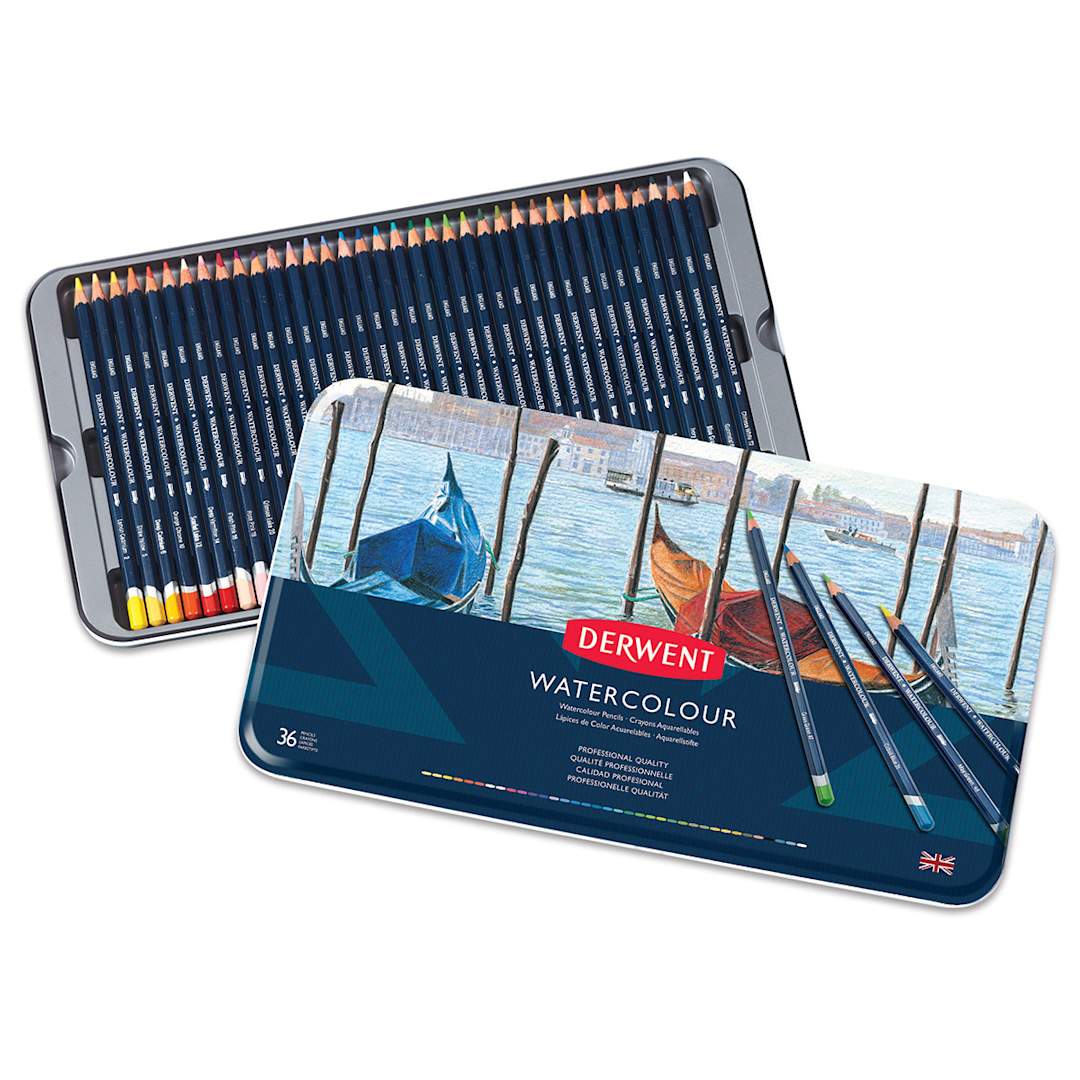 Open in modal - Derwent Watercolor Pencil Set - Assorted Colors, Set of 36. Inside of package.