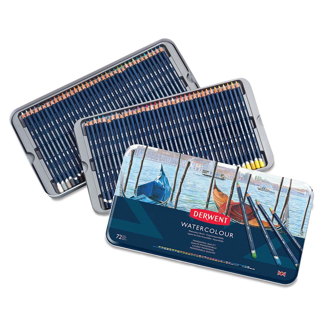 Open in modal - Derwent Watercolor Pencil Set - Assorted Set of 72, Tin Box. Inside of package.