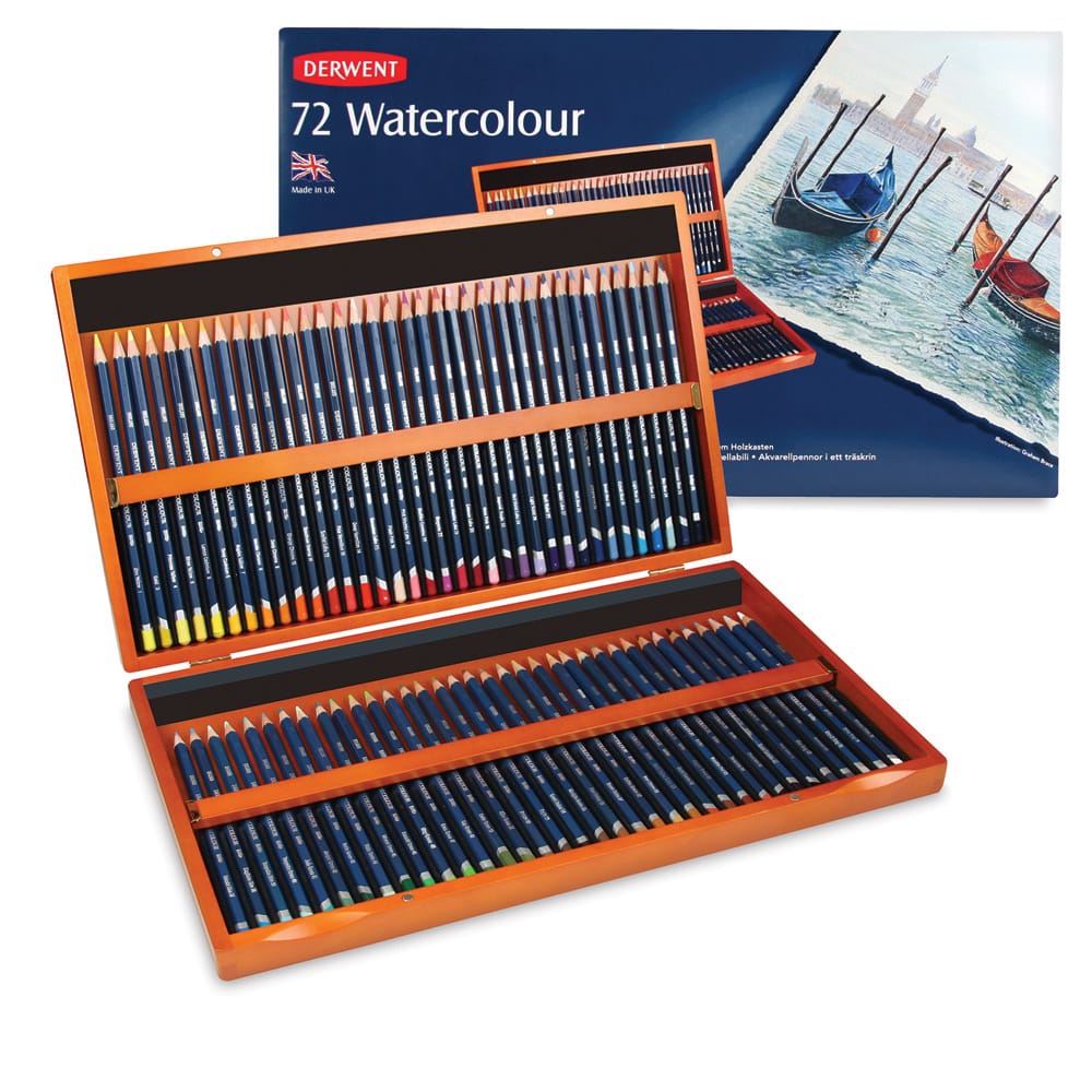 Open in modal - Derwent Watercolor Pencil Set - Assorted Colors, Wood Box, Set of 72. Inside of packaging with box.
