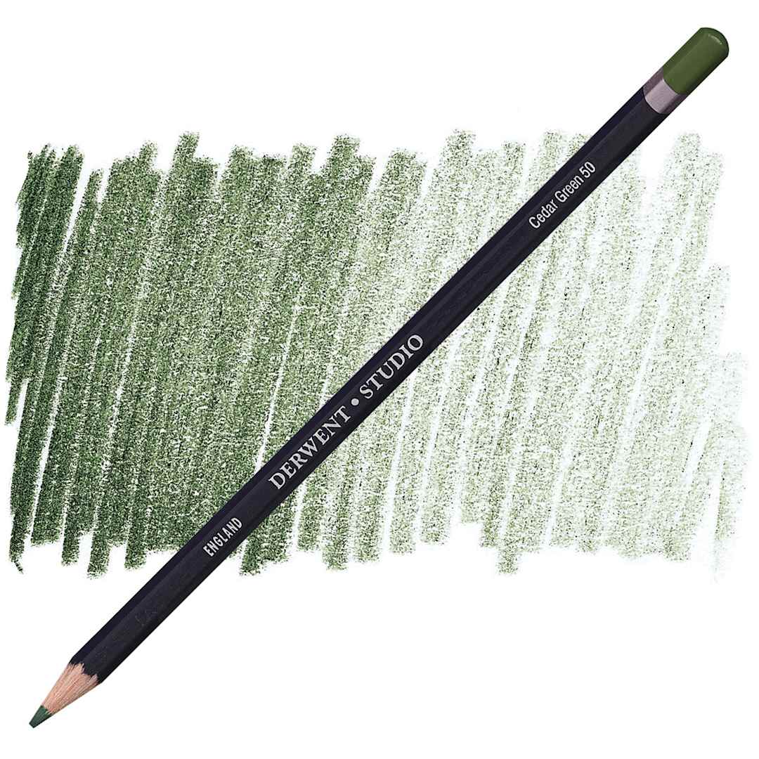 Open in modal - Derwent Studio Colored Pencil - Cedar Green pencil and swatch