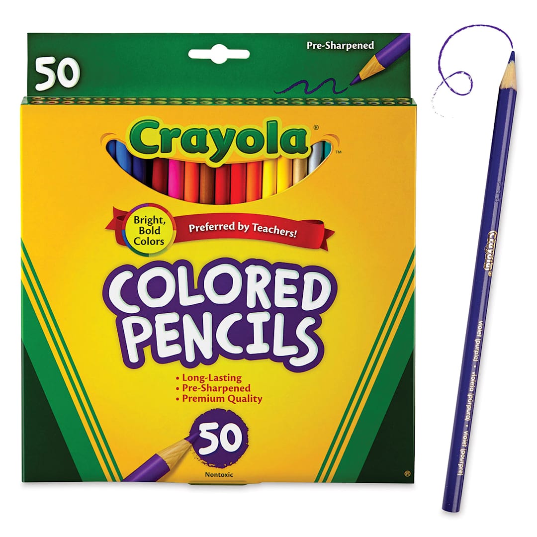 Open in modal - Crayola Colored Pencils - Assorted Colors, Set of 50 (front of package and one pencil)