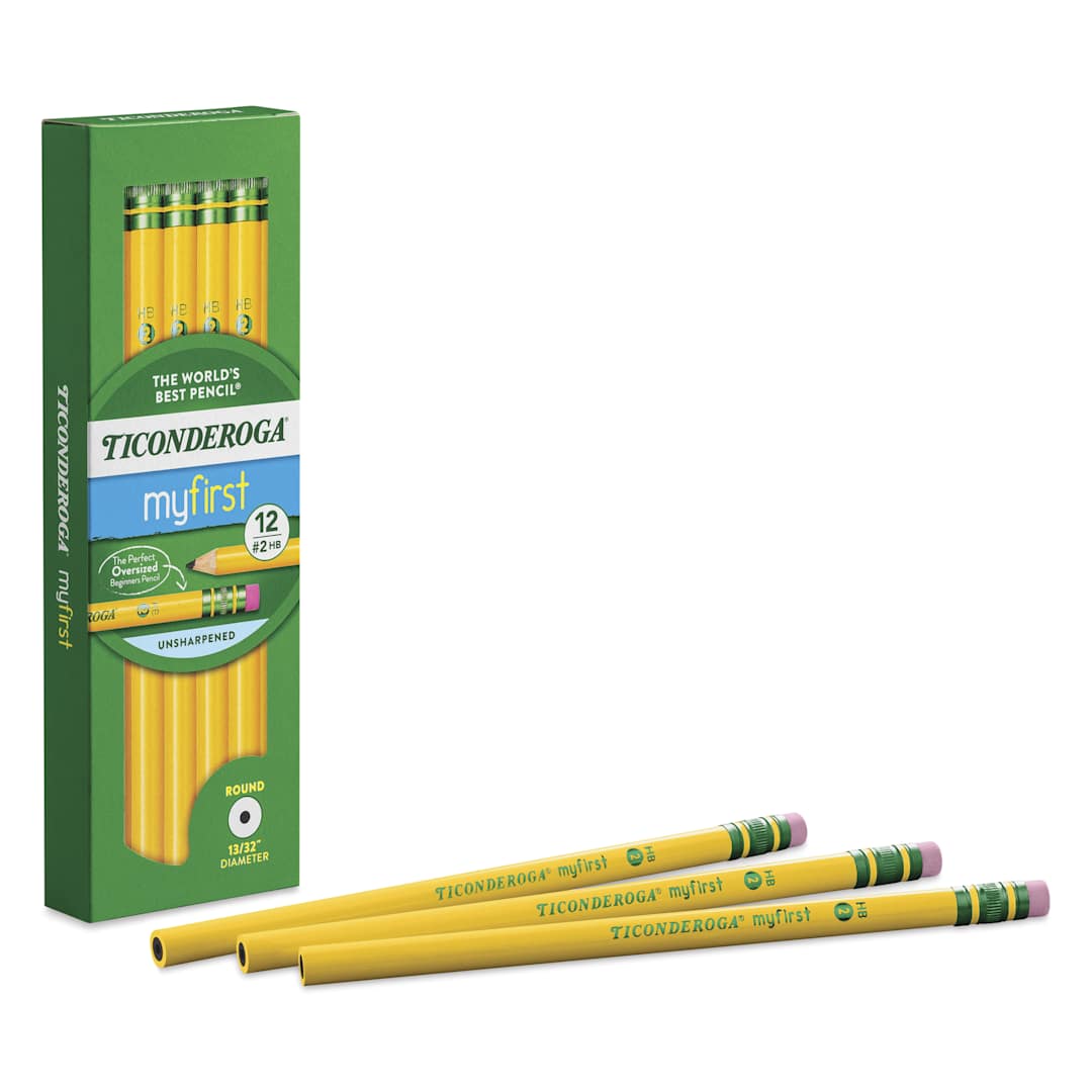 Open in modal - Dixon Ticonderoga My First Pencils - Box of 12, three pencils laid out in front of box