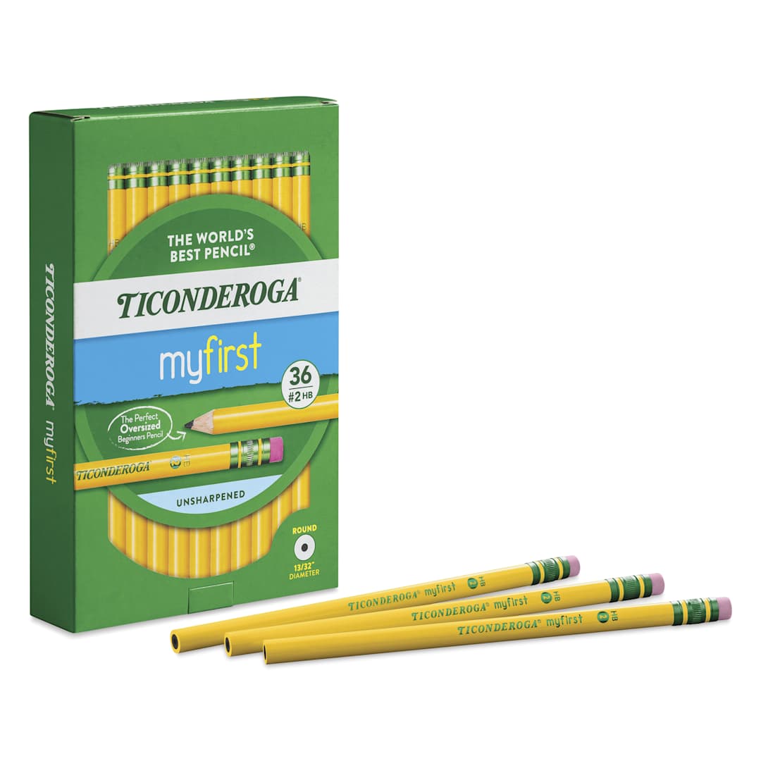 Open in modal - Dixon Ticonderoga My First Pencils - Box of 36, three pencils laid out in front of box
