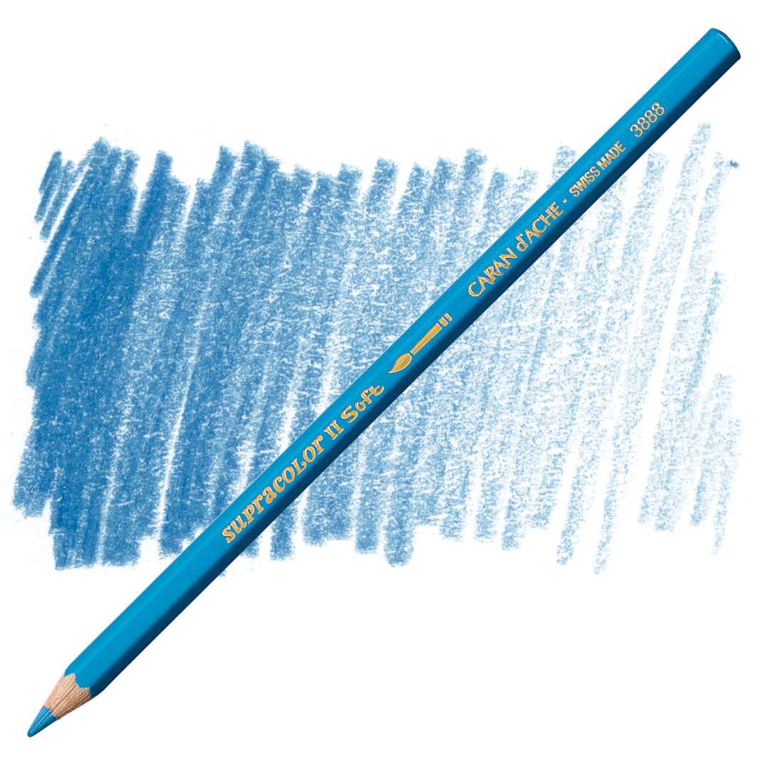 Open in modal - Caran d'Ache Supracolor Soft Aquarelle Pencil - Blue Jeans pencil and swatch