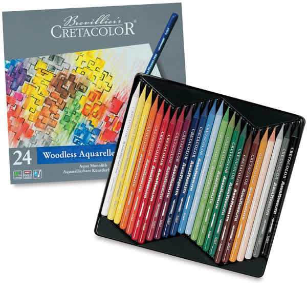 Open in modal - Cretacolor Woodless Watercolor Pencils, Set of 24 shown open in tray next to cover of package