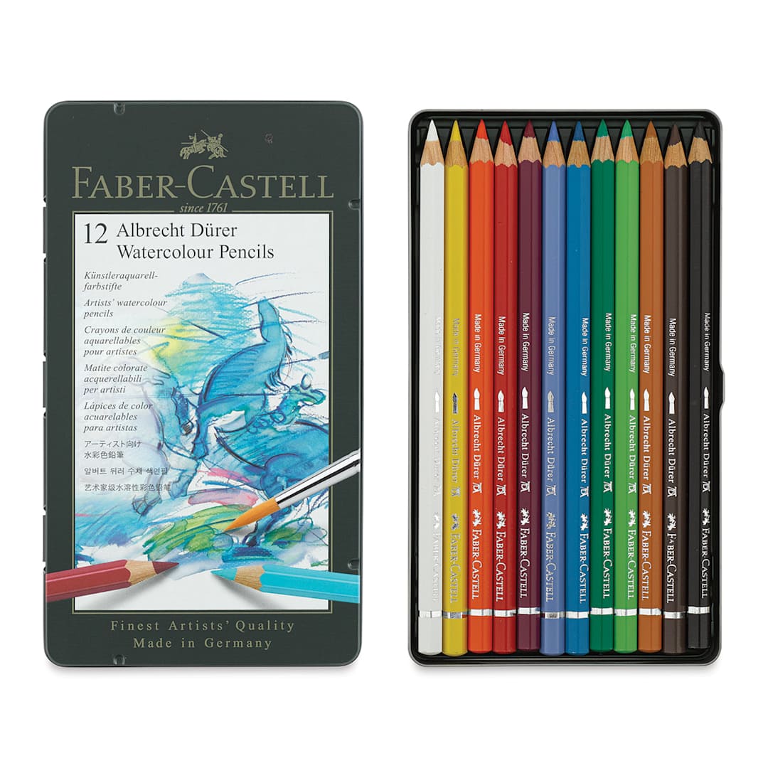 Open in modal - Faber-Castell Albrecht Durer Watercolor Pencils - Set of 12 (front of package and contents)