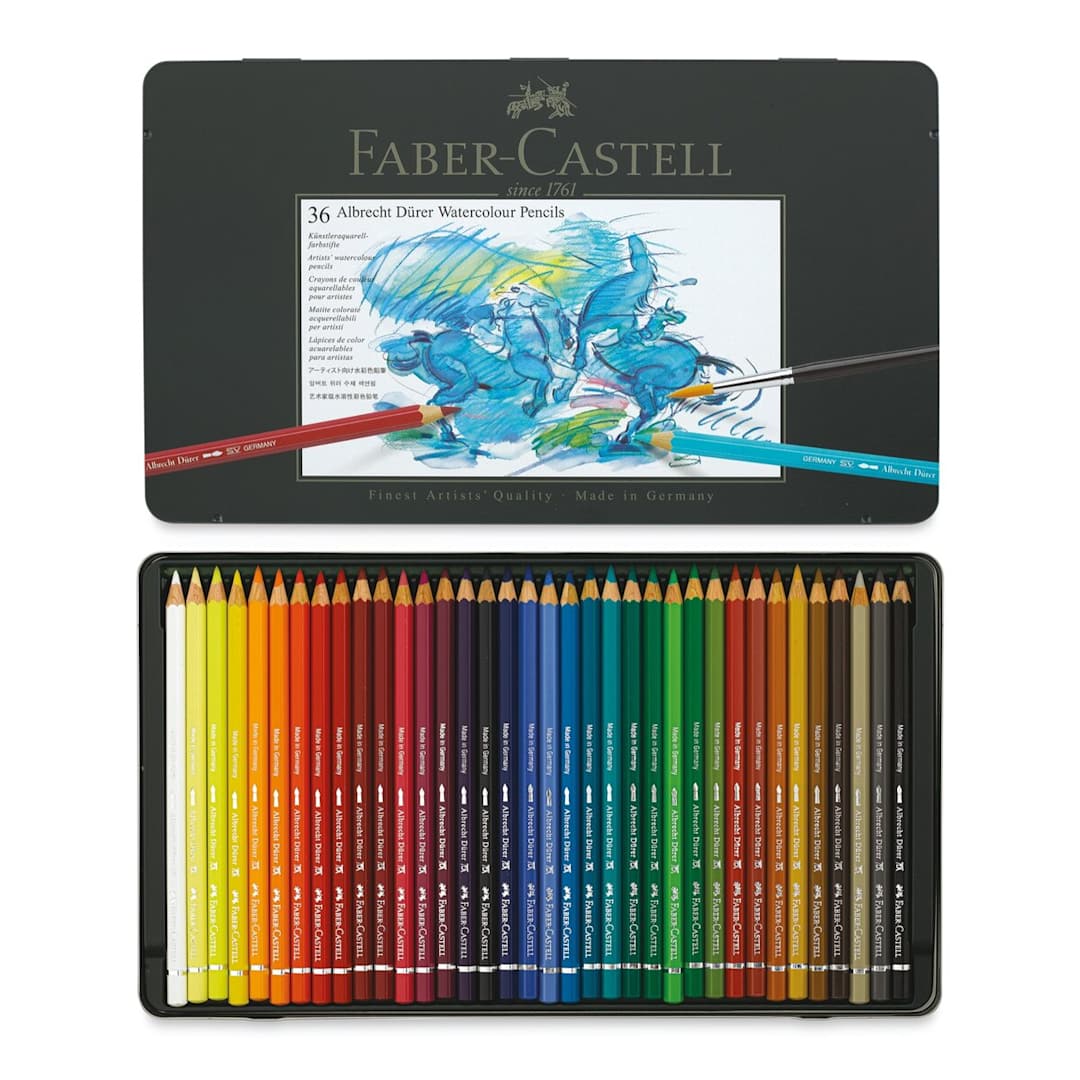 Open in modal - Faber-Castell Albrecht Durer Watercolor Pencils- Assorted Colors, Set of 36 (front of package and contents)