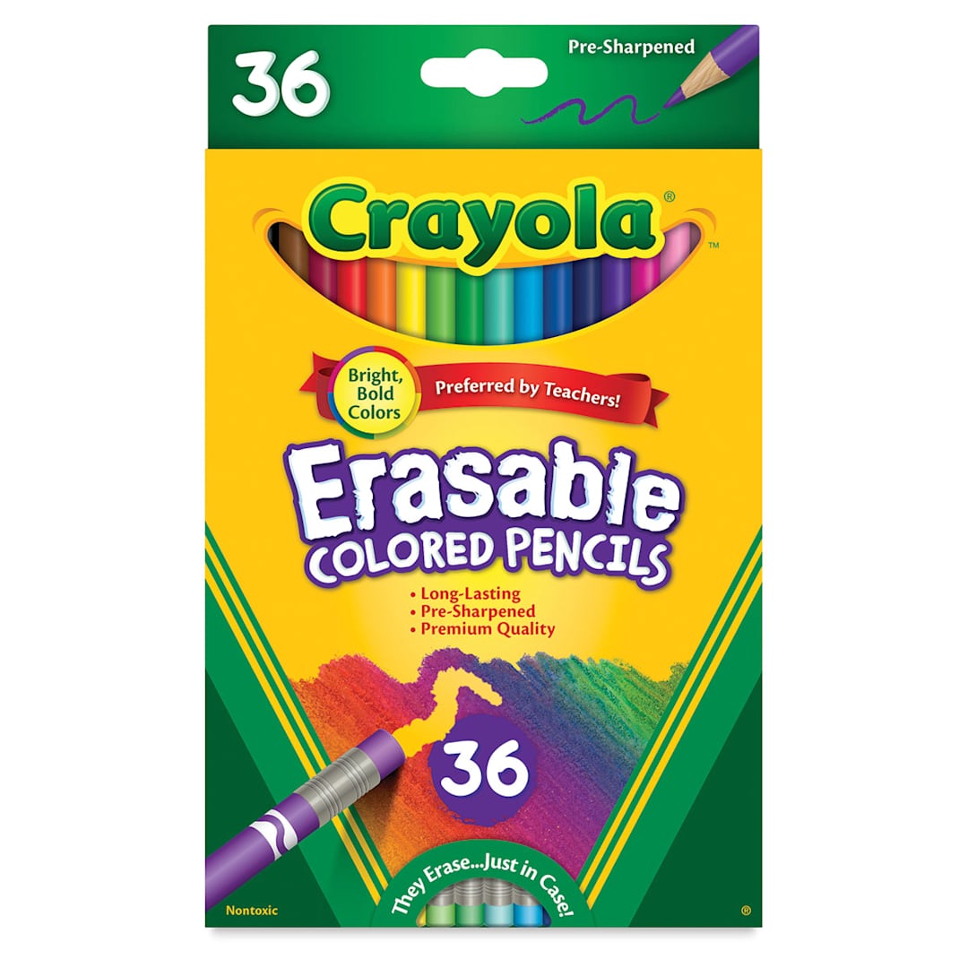 Open in modal - Crayola Erasable Colored Pencils - Front of package of 36 Colored Pencils
