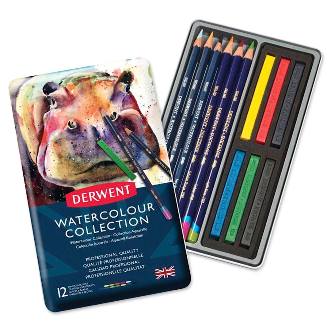 Open in modal - Derwent Watercolor Pencil Set - Tin Box of Set of 12, open showing components of set