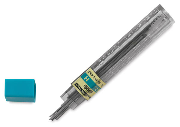 Open in modal - Pentel Hi-Polymer Lead Refills - Package of 12 .07 mm H grade lead refills with cap removed