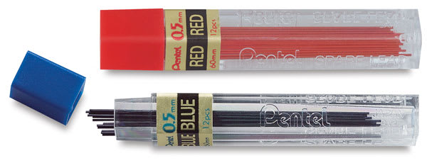 Open in modal - Pentel Hi-Polymer Colored Leads - Red and Blue tubes of lead shown with cap removed from blue