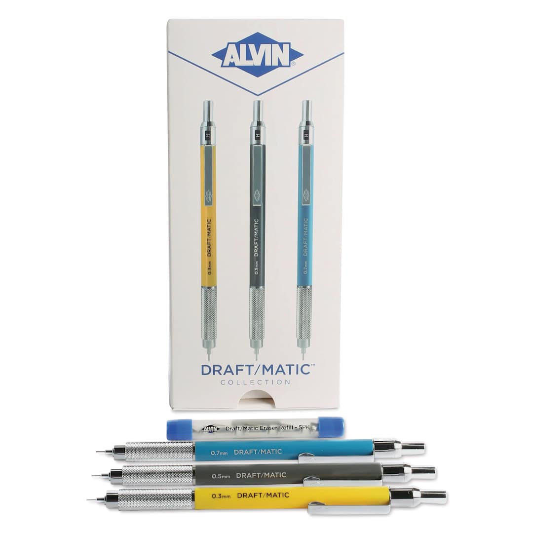 Open in modal - Alvin Draft/Matic Drafting Pencils - Set of 3, pencils and refills in front of packaging