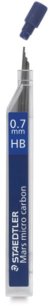 Open in modal - Staedtler Mars Fineline Leads - Package of 12 pieces of .7mm HB hardness leads shown upright 
